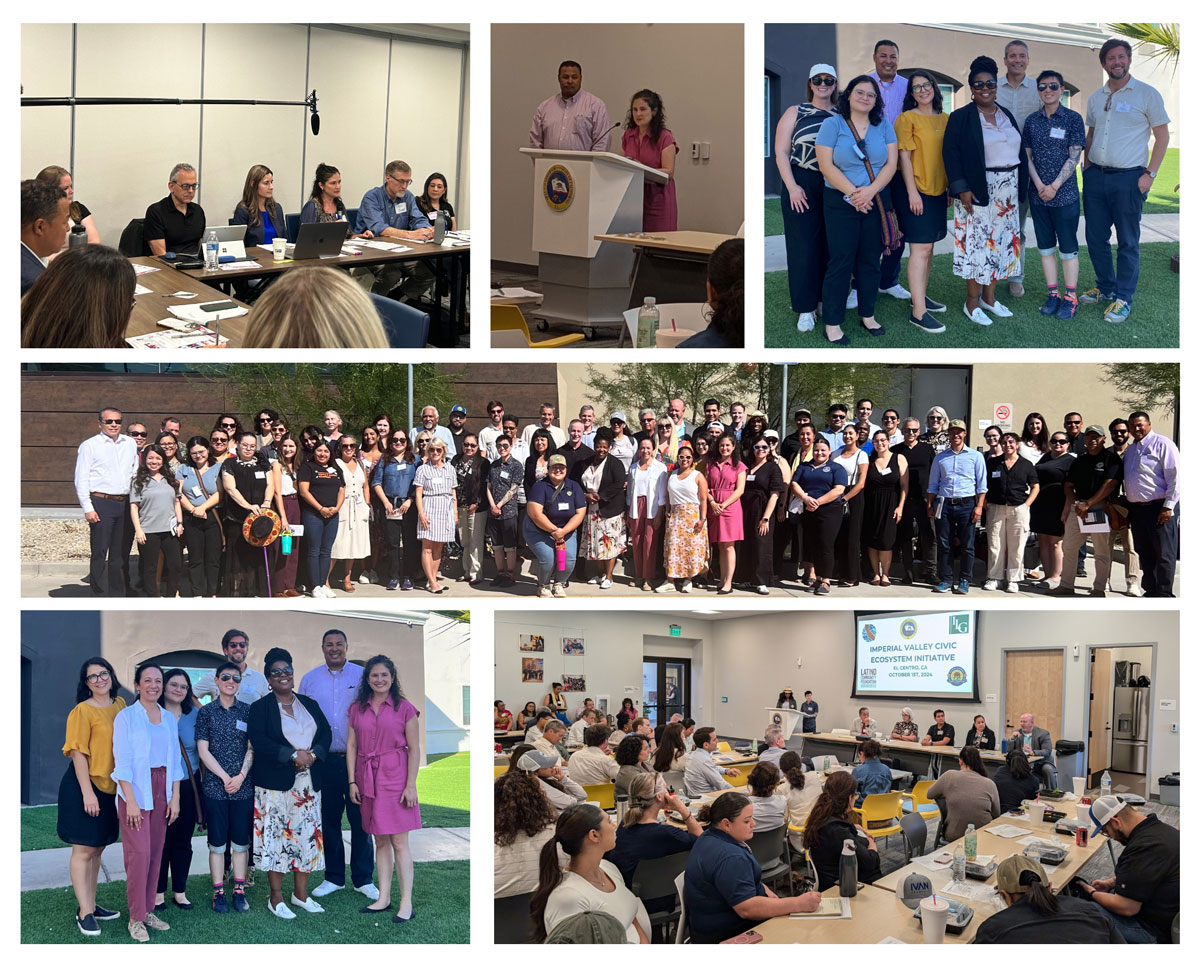 Collage of photos from the Imperial Valley convening. People posing in large group photos and of panel discussions.  