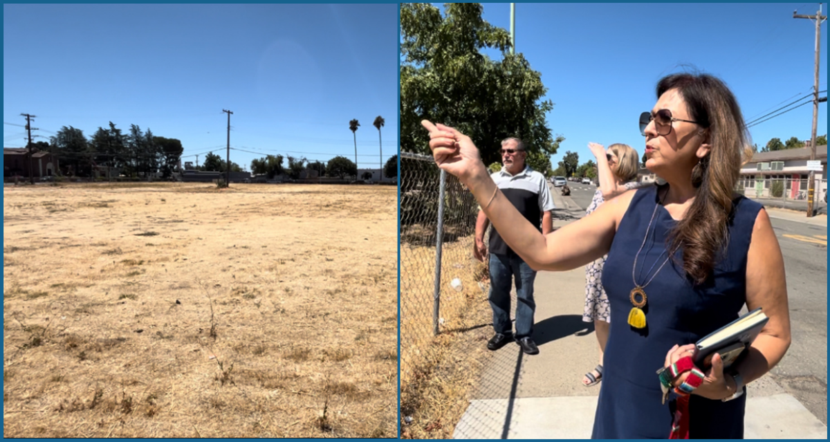 On the left, the open field on 37th and Franklin Blvd. where the new Opportunity Center will be built. On the right, La Familia Executive Director Rachel Rios points out the layout of the future facility.