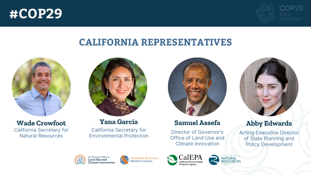 California Representative at COP29. Photos of Secretary Crowfoot, Secretary Garcia, Director Assefa and acting Executive Director Edwards.