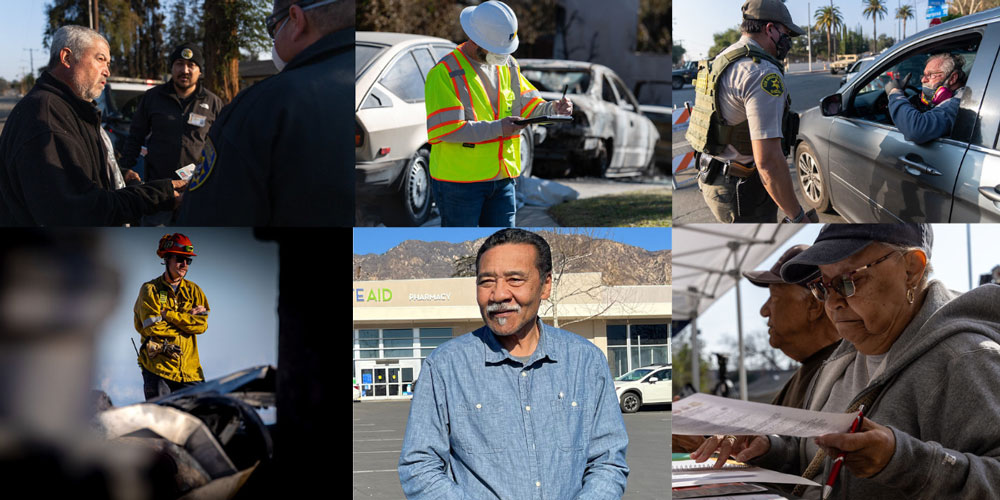 Collage of photos from wildfire recovery efforts.