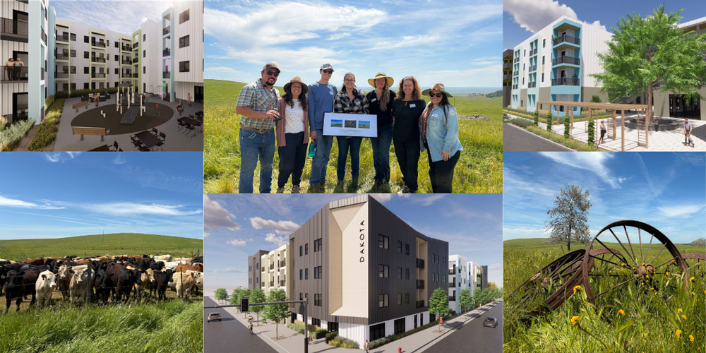 Collage of photos from rangeland and renderings of housing.