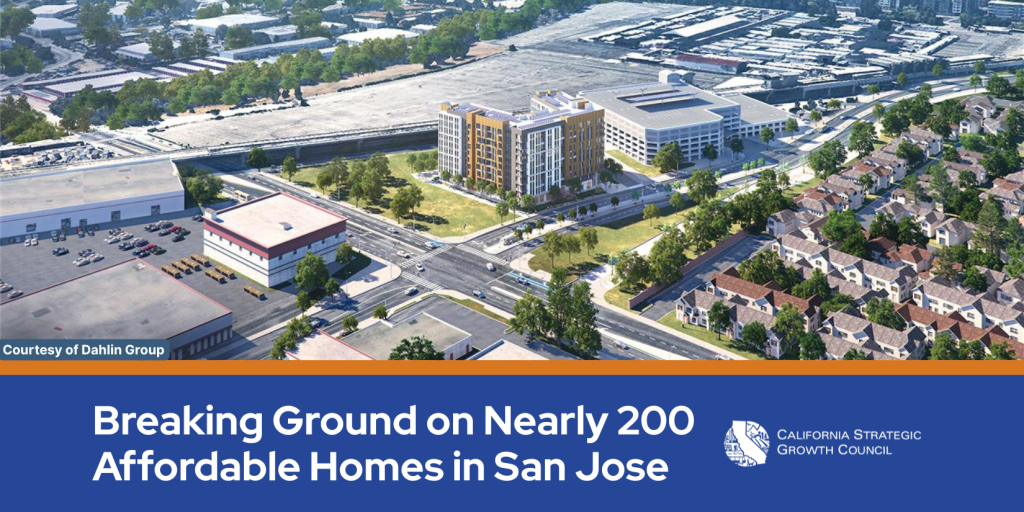A graphic with a rendering of the Berryessa TOD that says: Breaking Ground on Nearly 200 Affordable Homes in San Jose