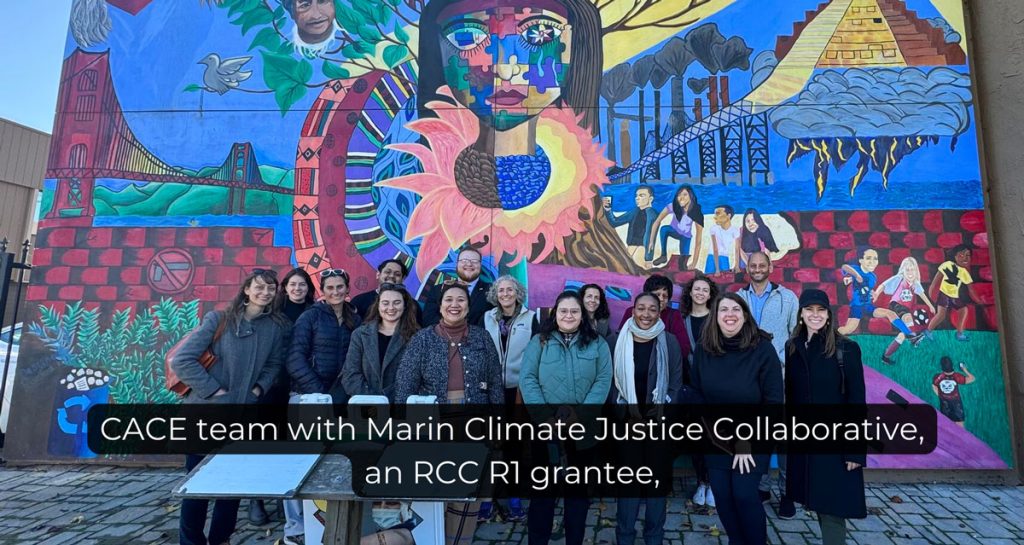 Fourteen people smiling, sitting and standing behind a table. People shown are CACE staff, partners from Gateway Cities Council of Governments, the SELA Collaborative, Tree People and Grid Alternatives.