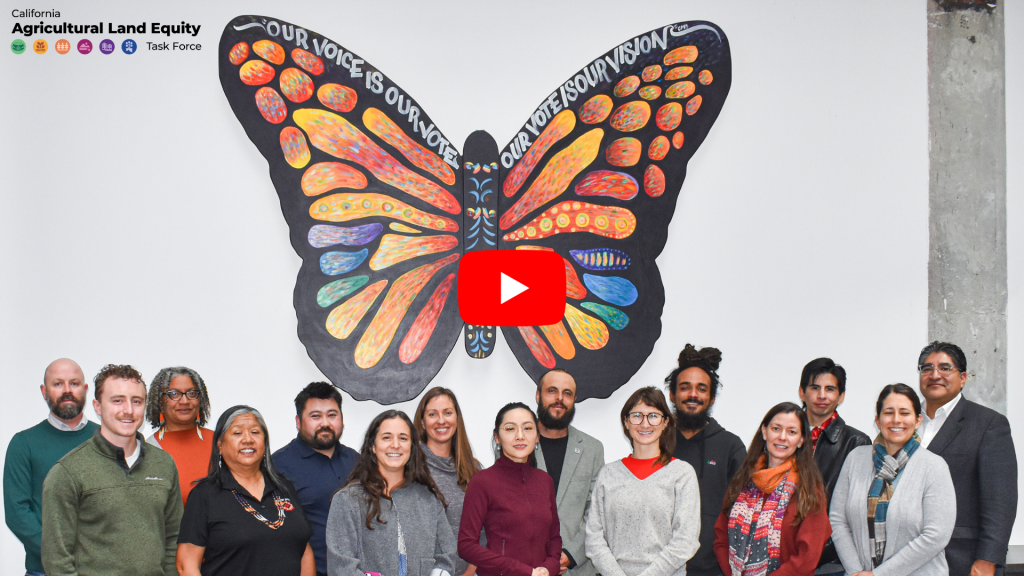 A photo of ALETF members in front of a monarch butterfly image.