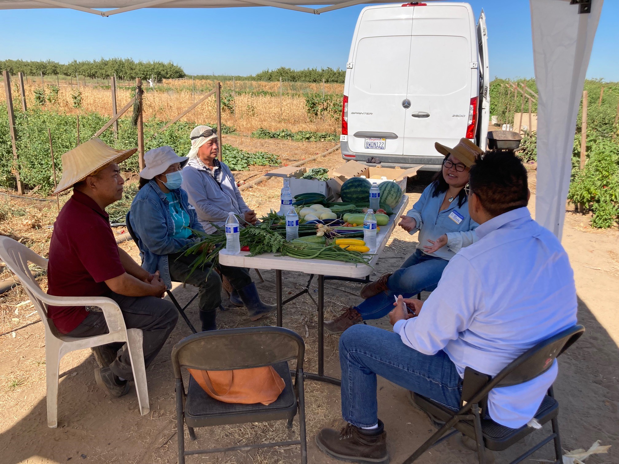 The owners of Dream Farm, technical assistance providers, and Task Force member Lawrence Harlan engage in a discussion sitting around a folding table with produce on it. Rows of crops are in the background