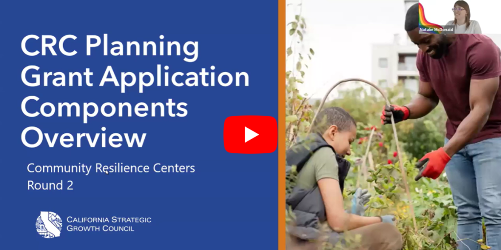 Screenshot from a video on CRC Planning Grant Application Components Overview, with a photo of people watering plants.