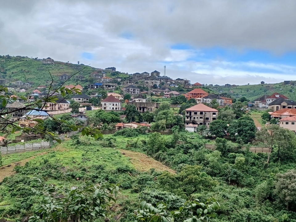 Photo of green hillside with buildings in the background. 