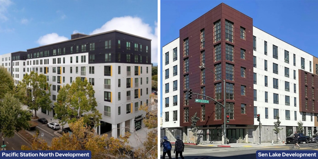 Renderings of two affordable housing developments.