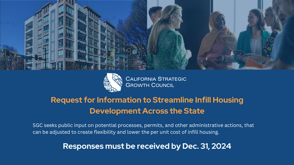 Photos of housing building and people talking. Request for Information to Streamline Infill Housing Development Across the State. Responses must be received by Dec. 31, 2024