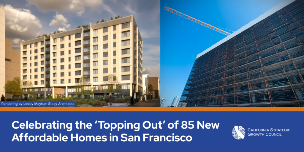 A graphic with a rendering and current photo of 160 Freelon, that says: Celebrating the ‘Topping Out’ of 85 New Affordable Homes in San Francisco