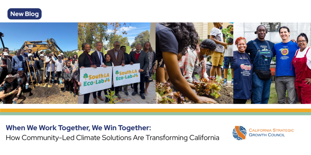 A graphic with group photos rom TCC Program projects that says: When We Work Together, We Win Together: How Community-Led Climate Solutions Are Transforming California