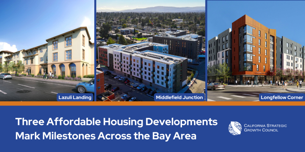 A graphic with renderings and photos of three affordable housing developments in the Bay Area, that says: Three Affordable Housing Developments Mark Milestones Across the Bay Area