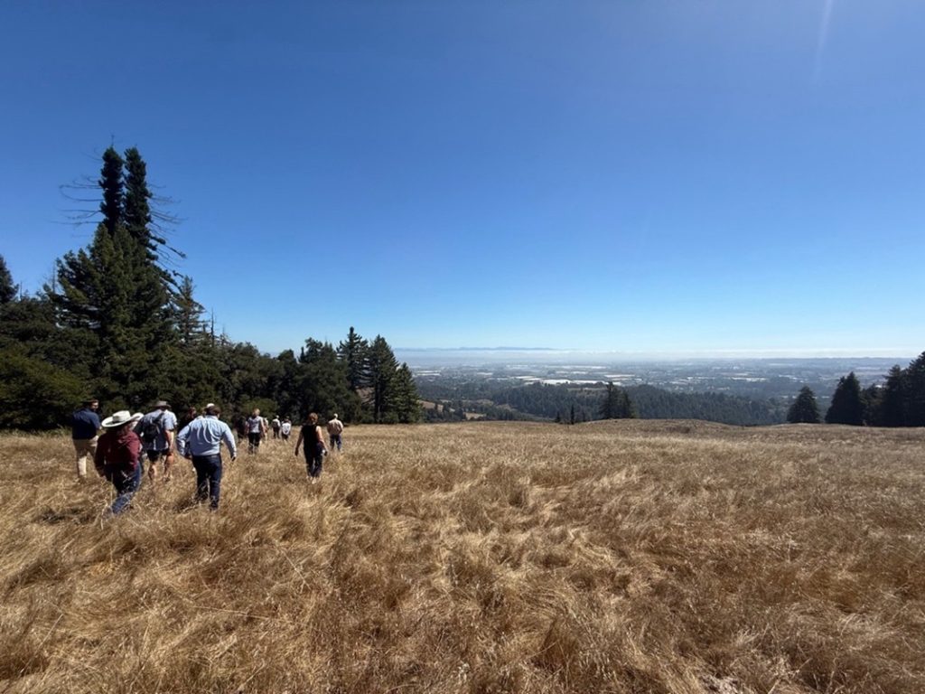 People walking on the Estrada Ranchland with a view toward the Monterey Bay.