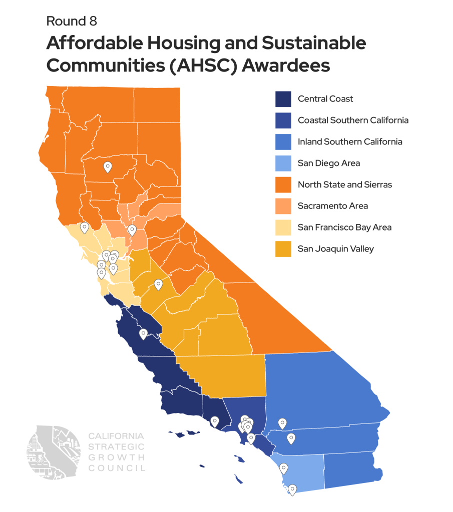 Affordable Housing and Sustainable Communities (AHSC) Awardees: An image of a map of the California regions: Central Coast, Coastal Southern California, Inland Southern California, San Diego Area, North State and Sierras, Sacramento Area, San Francisco Bay Area, and San Joaquin Valley. With 24 markers spread out through each region of where the AHSC awardees are located.